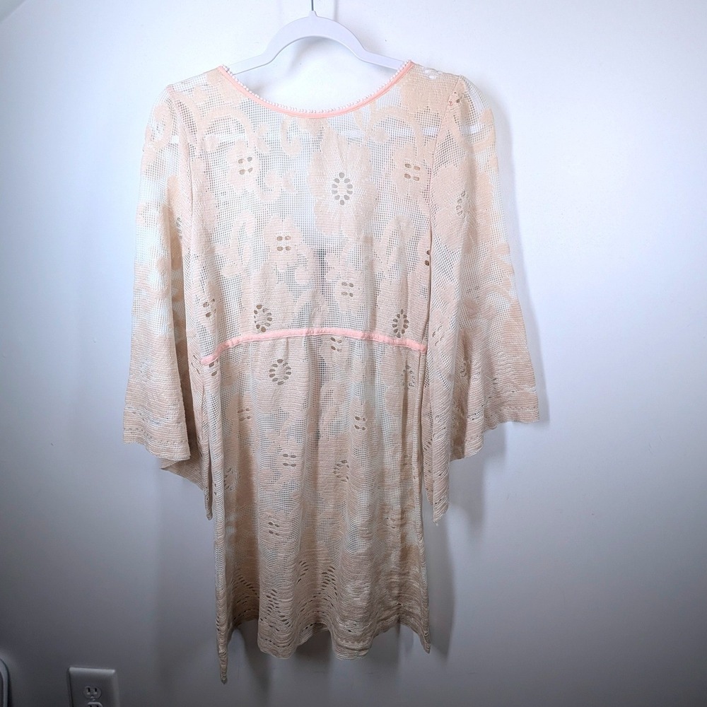 Free People Cream Pink Floral Lace Bell Sleeve Zip Front Mini Dress Tunic Medium - Picture 5 of 7